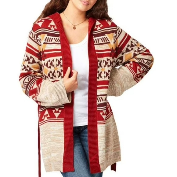 Wrangler Retro Cardigan With Hood Belt Size Large Oatmeal Aztec Print Western - Picture 1 of 13